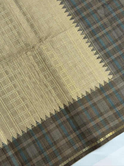 UTSAV BANARAS 384: Tussar Silk Checked Saree Antique Gold with Contrast Check Border