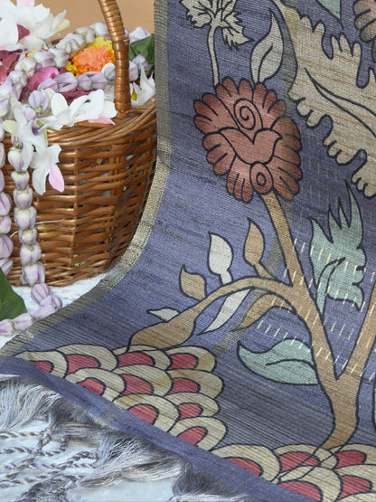 UTSAV BANARAS 386: Tussar Silk Pen Kalamkari Printed Saree Dusty Rose with Heritage Figurative Border