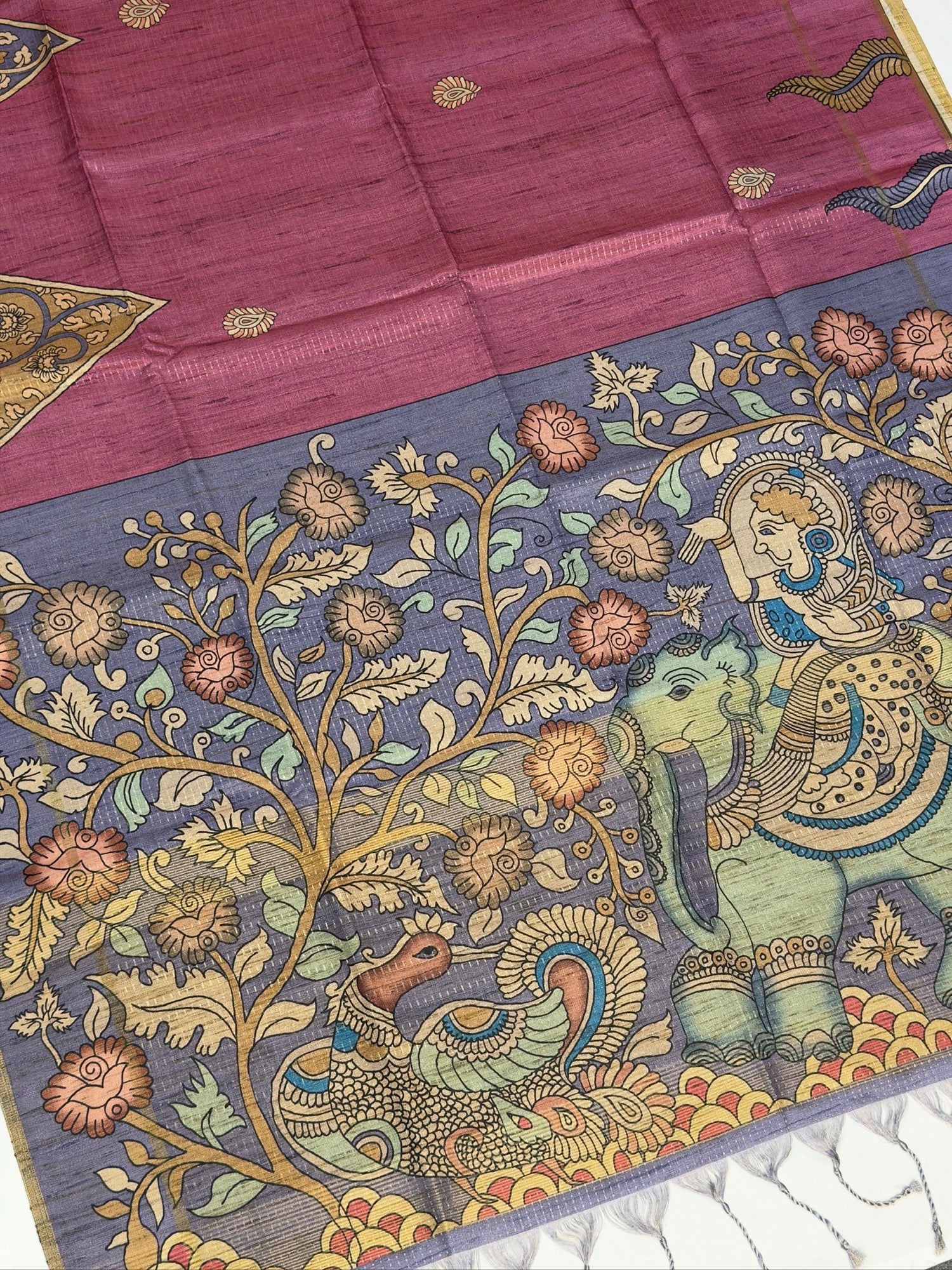 UTSAV BANARAS 386: Tussar Silk Pen Kalamkari Printed Saree Dusty Rose with Heritage Figurative Border