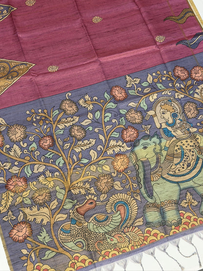 UTSAV BANARAS 386: Tussar Silk Pen Kalamkari Printed Saree Dusty Rose with Heritage Figurative Border
