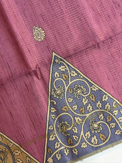 UTSAV BANARAS 386: Tussar Silk Pen Kalamkari Printed Saree Dusty Rose with Heritage Figurative Border