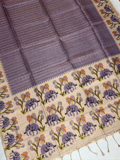 UTSAV BANARAS 393: Lavender Tussar Silk Saree With Zari Jacquard Check Line
