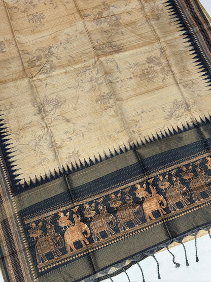 UTSAV BANARAS 383: Elegant Beige Tussar Silk Saree with Kalamkari Floral Print &amp; Royal Elephant Border