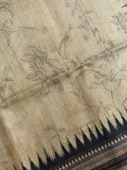 UTSAV BANARAS 383: Elegant Beige Tussar Silk Saree with Kalamkari Floral Print &amp; Royal Elephant Border