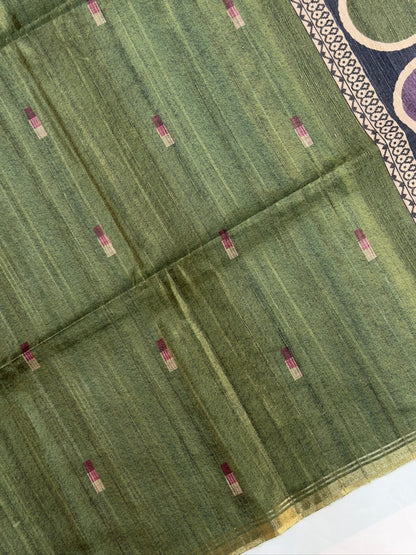 UTSAV BANARAS 389: Olive Green Tussar Silk Saree with Geometric block print Border