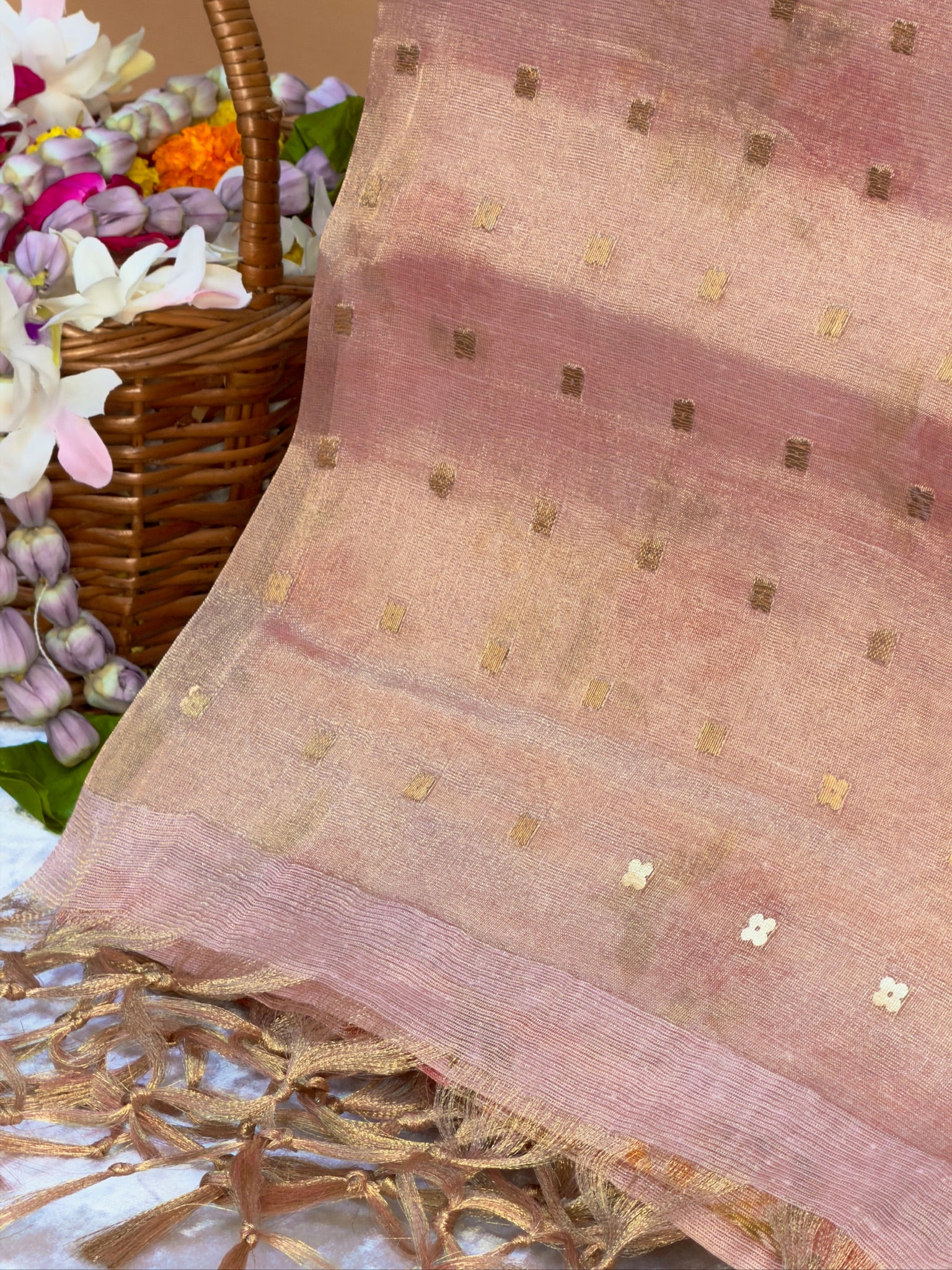 UTSAV BANARAS 391: Tissue Silk Digital Printed Saree Rose Gold with Floral print woven sequence work on Palla