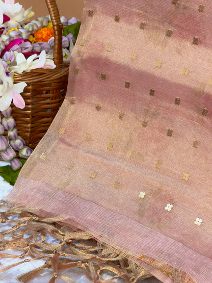 UTSAV BANARAS 391: Tissue Silk Digital Printed Saree Rose Gold with Floral print woven sequence work on Palla