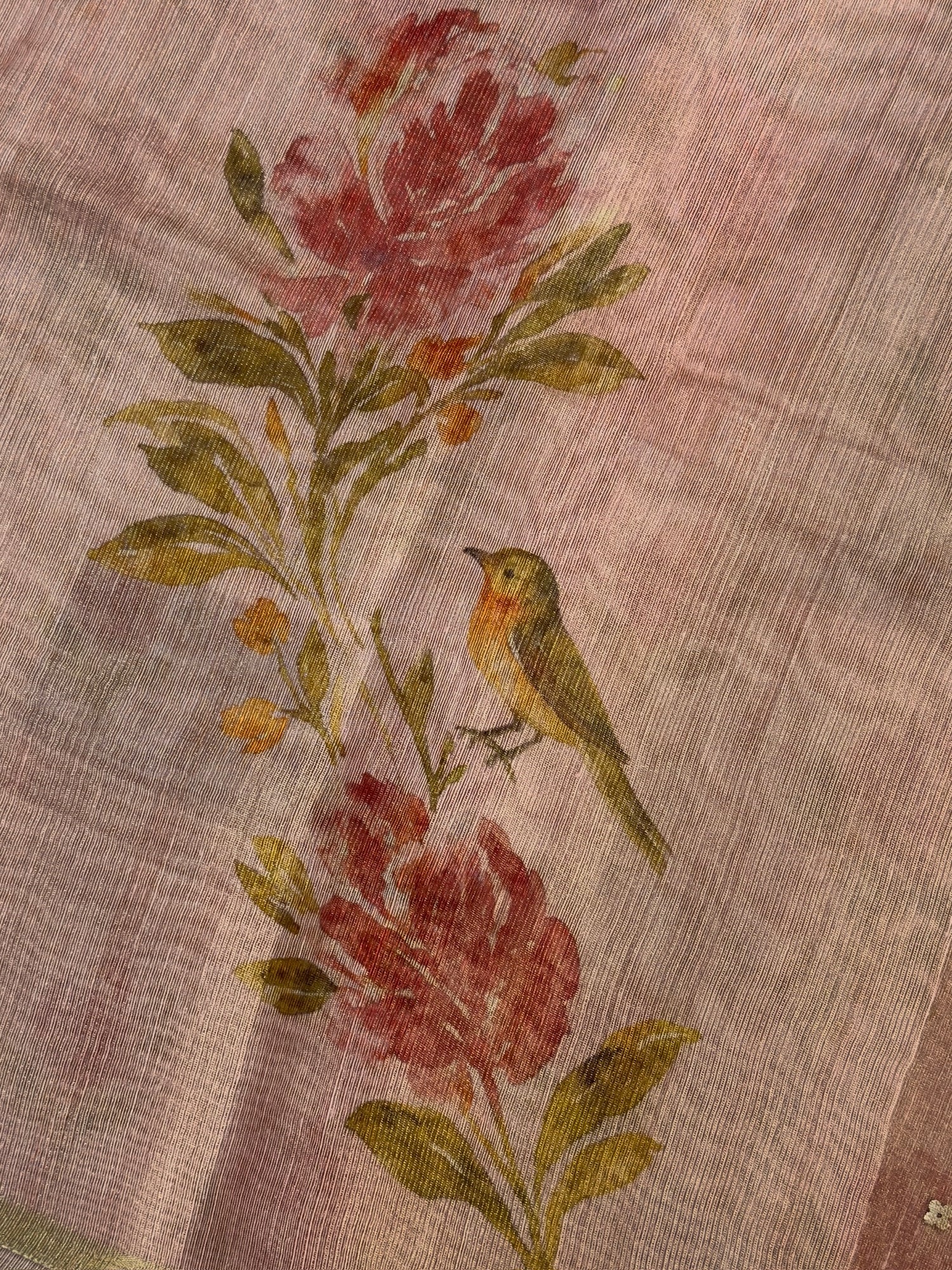 UTSAV BANARAS 391: Tissue Silk Digital Printed Saree Rose Gold with Floral print woven sequence work on Palla