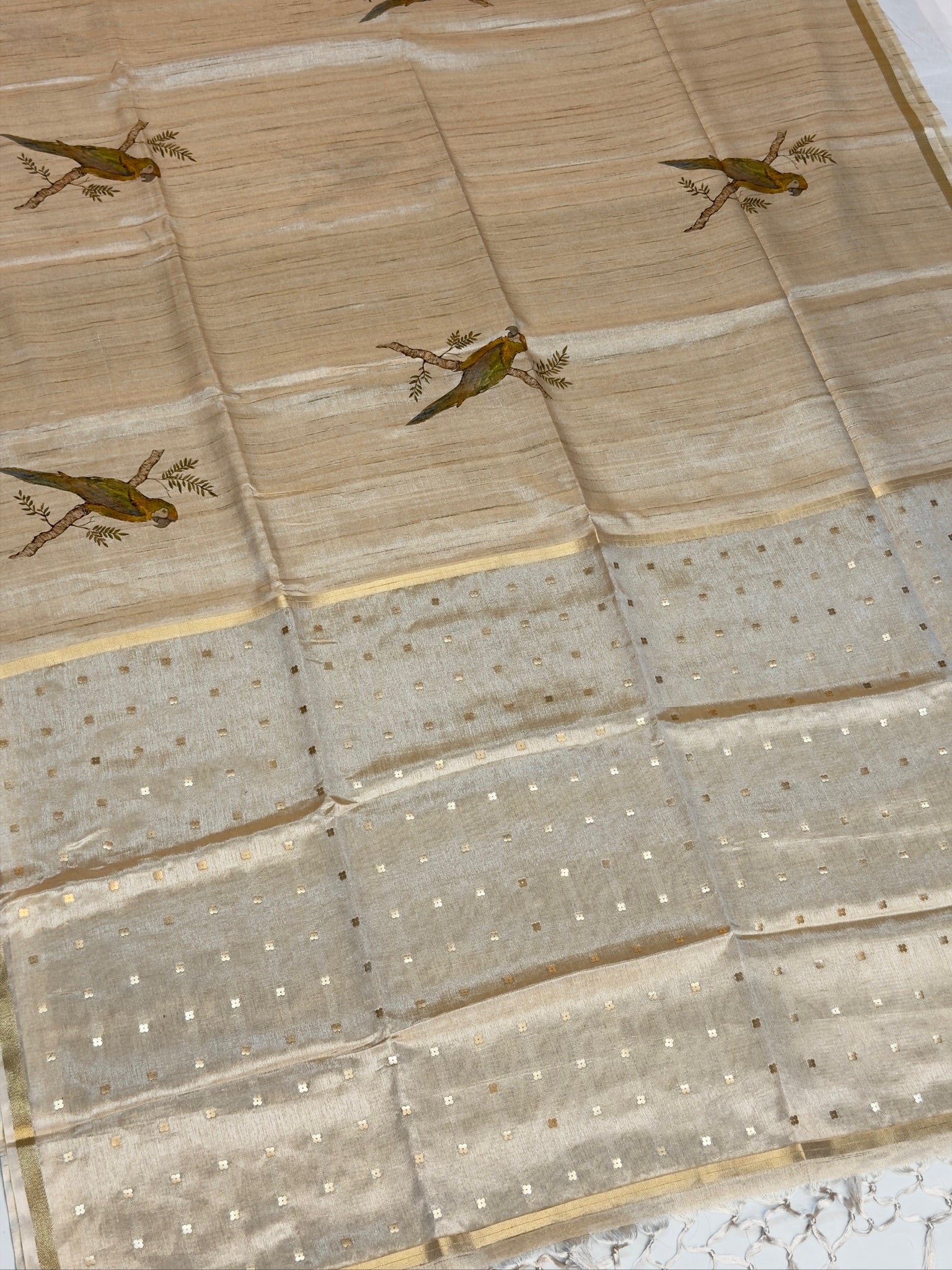 UTSAV BANARAS 410: Tissue Silk Digital Printed Saree with Bird Print,woven sequence motif on Palla &amp; Contrast Blouse
