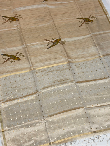 UTSAV BANARAS 410: Tissue Silk Digital Printed Saree with Bird Print,woven sequence motif on Palla &amp; Contrast Blouse