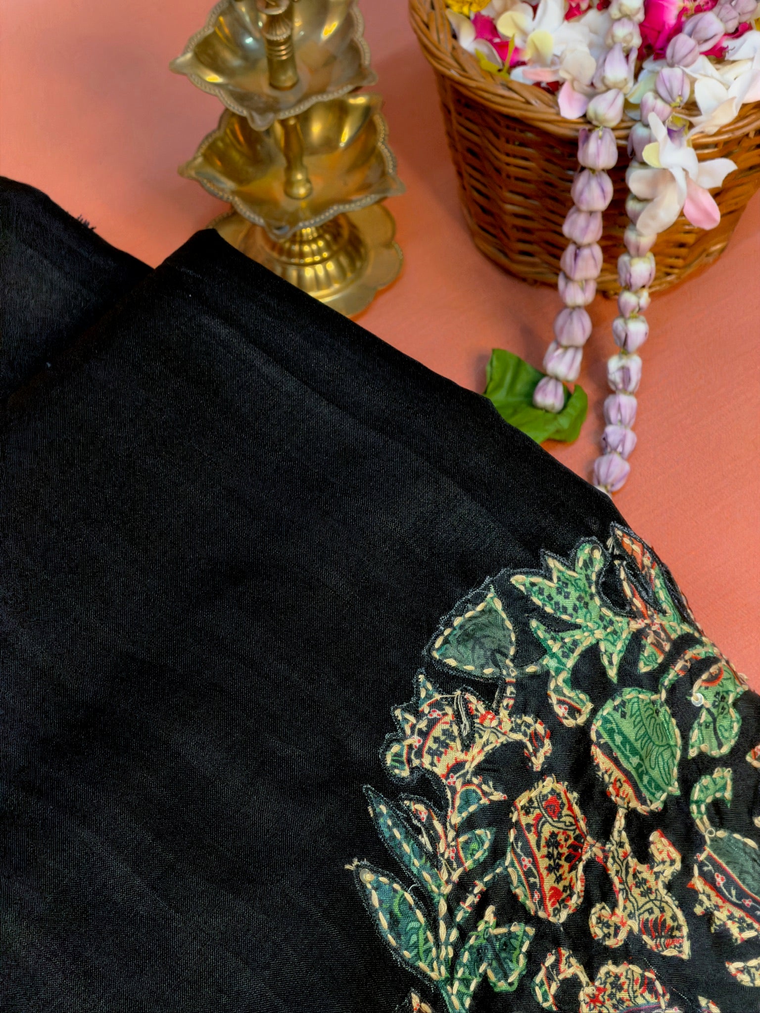 WAAH BANARAS 161: Elegant Black Tusser Silk Saree with Handcrafted Kantha Work Mandala Motifs