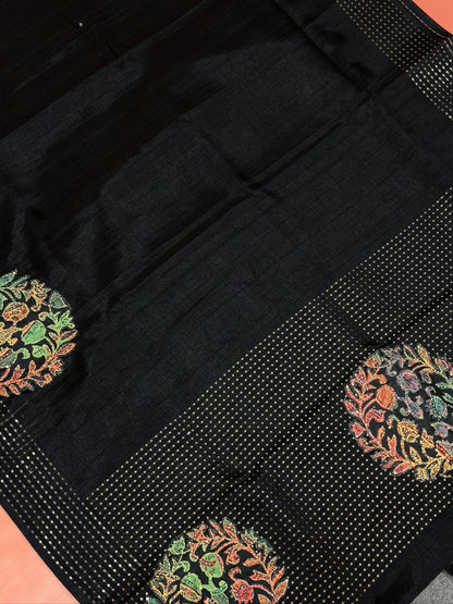 WAAH BANARAS 161: Elegant Black Tusser Silk Saree with Handcrafted Kantha Work Mandala Motifs