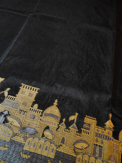 Black Kashi Ghat Pattern Banarasi silk saree