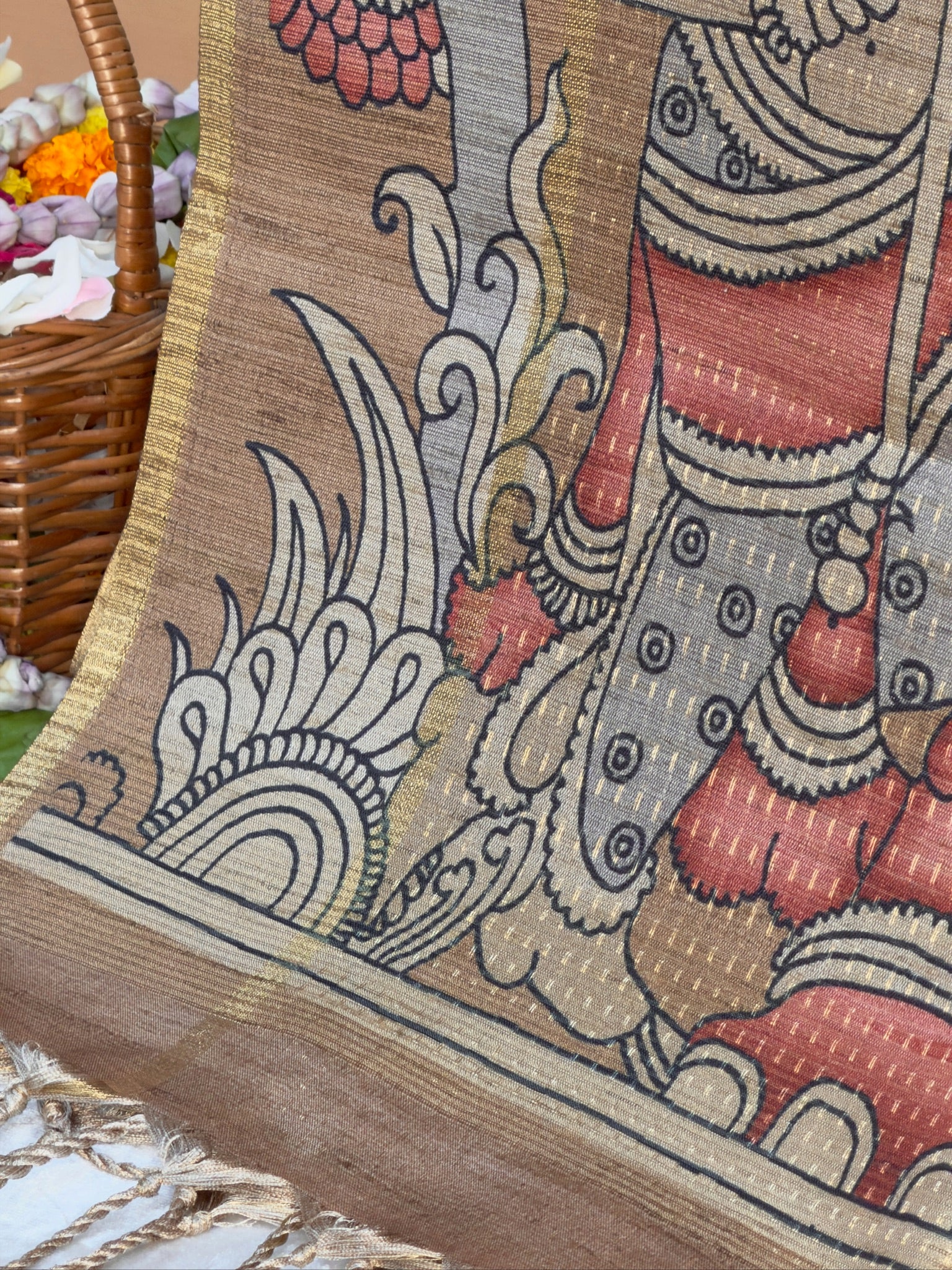UTSAV BANARAS 390: Dusty Red Tussar Silk Saree with Mythological Kalamkari Print and Royal Elephant Prints Pallu