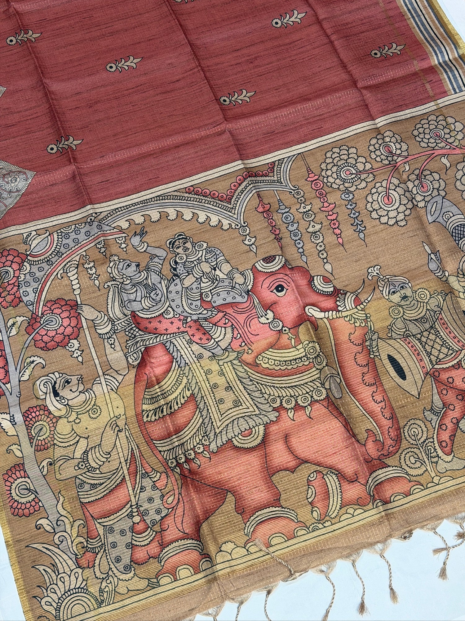 UTSAV BANARAS 390: Dusty Red Tussar Silk Saree with Mythological Kalamkari Print and Royal Elephant Prints Pallu