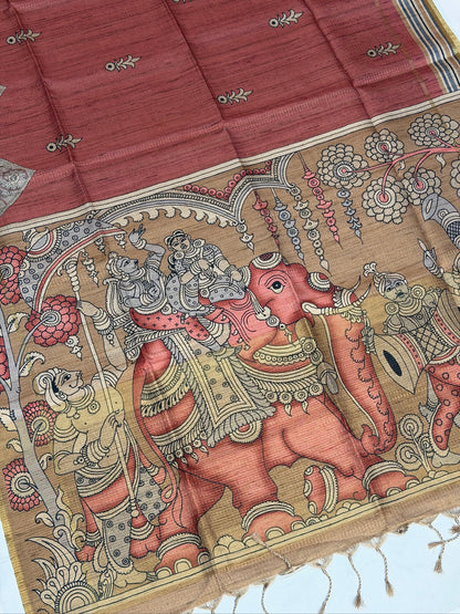 UTSAV BANARAS 390: Dusty Red Tussar Silk Saree with Mythological Kalamkari Print and Royal Elephant Prints Pallu
