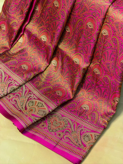 WAAH BANARAS 166A: Deep Pink Satin Tanchoi Silk Saree with Rich Zari, Resham Weaving &amp; Grand Floral Paisley Border (Copy)