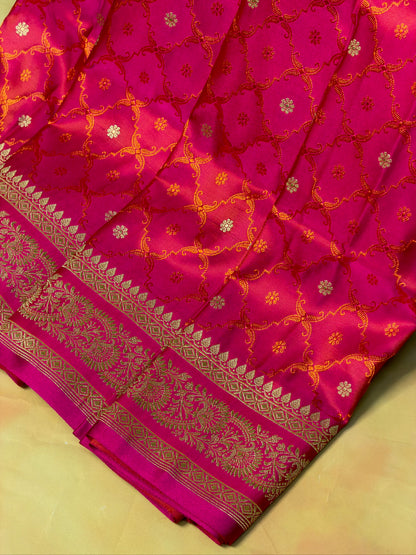 WAAH BANARAS 167A:  Dual Pink  Satin Mashru Silk Saree with Gold Zari, Resham Weaving &amp; Floral Border (Copy)