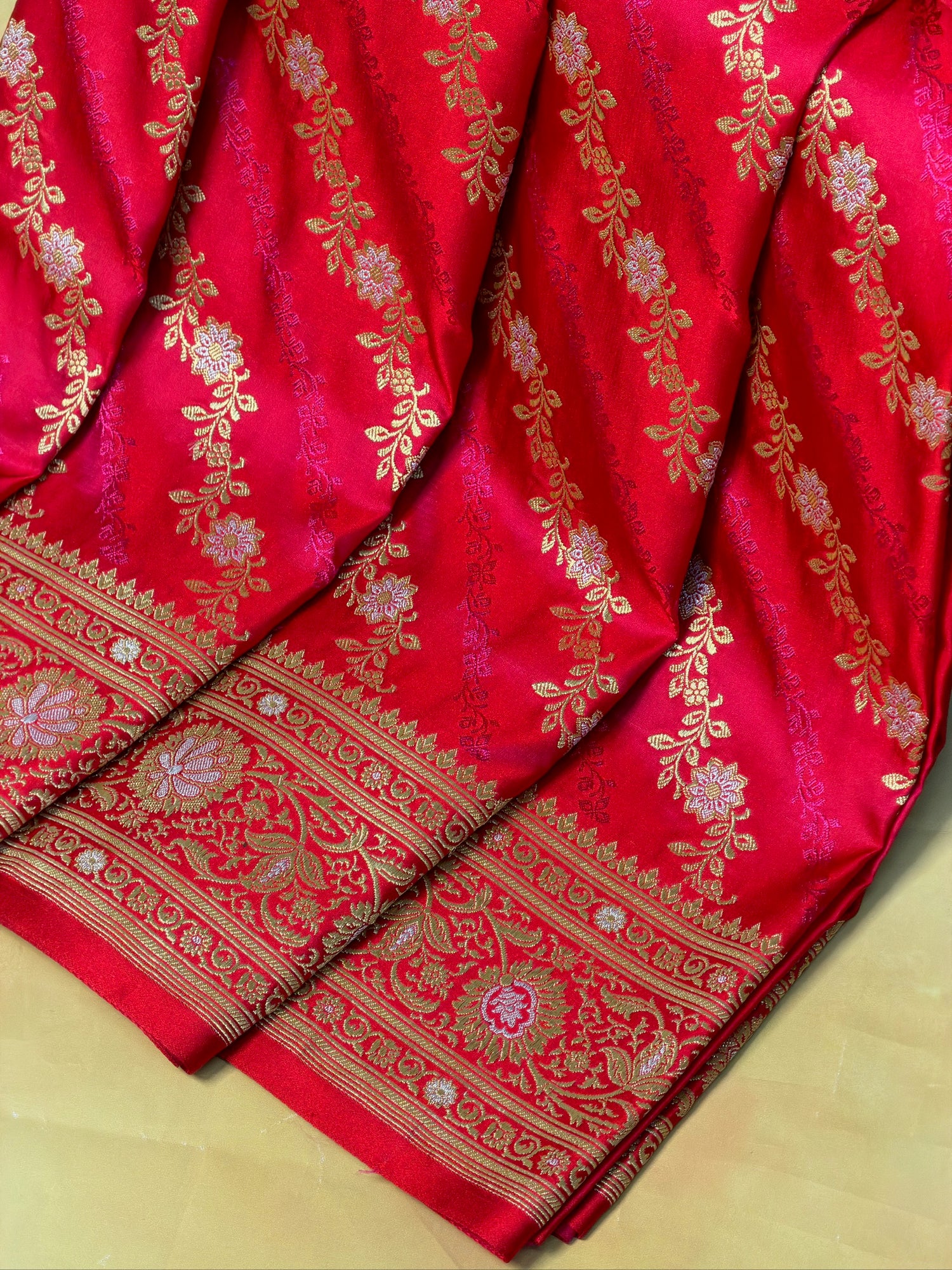 WAAH BANARAS 163B: Redish Pink Satin Mashru Silk Saree with Sona Rupa Zari Stripes, Resham Weaving &amp; Floral Border (Copy)
