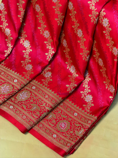 WAAH BANARAS 163B: Redish Pink Satin Mashru Silk Saree with Sona Rupa Zari Stripes, Resham Weaving &amp; Floral Border (Copy)