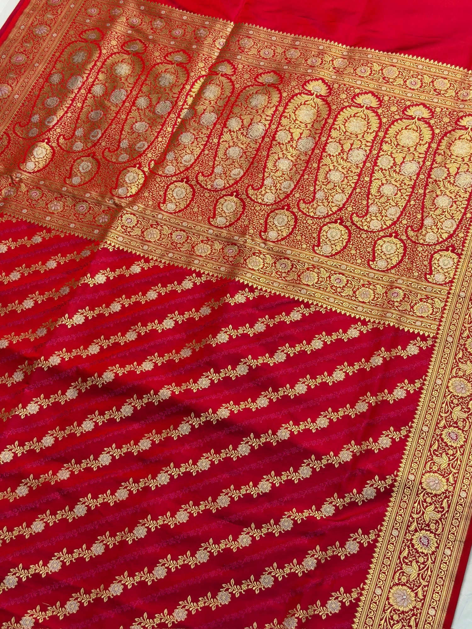 WAAH BANARAS 163B: Redish Pink Satin Mashru Silk Saree with Sona Rupa Zari Stripes, Resham Weaving &amp; Floral Border (Copy)
