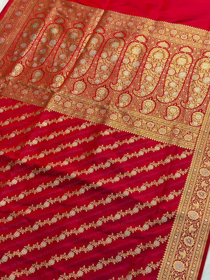 WAAH BANARAS 163B: Redish Pink Satin Mashru Silk Saree with Sona Rupa Zari Stripes, Resham Weaving &amp; Floral Border (Copy)
