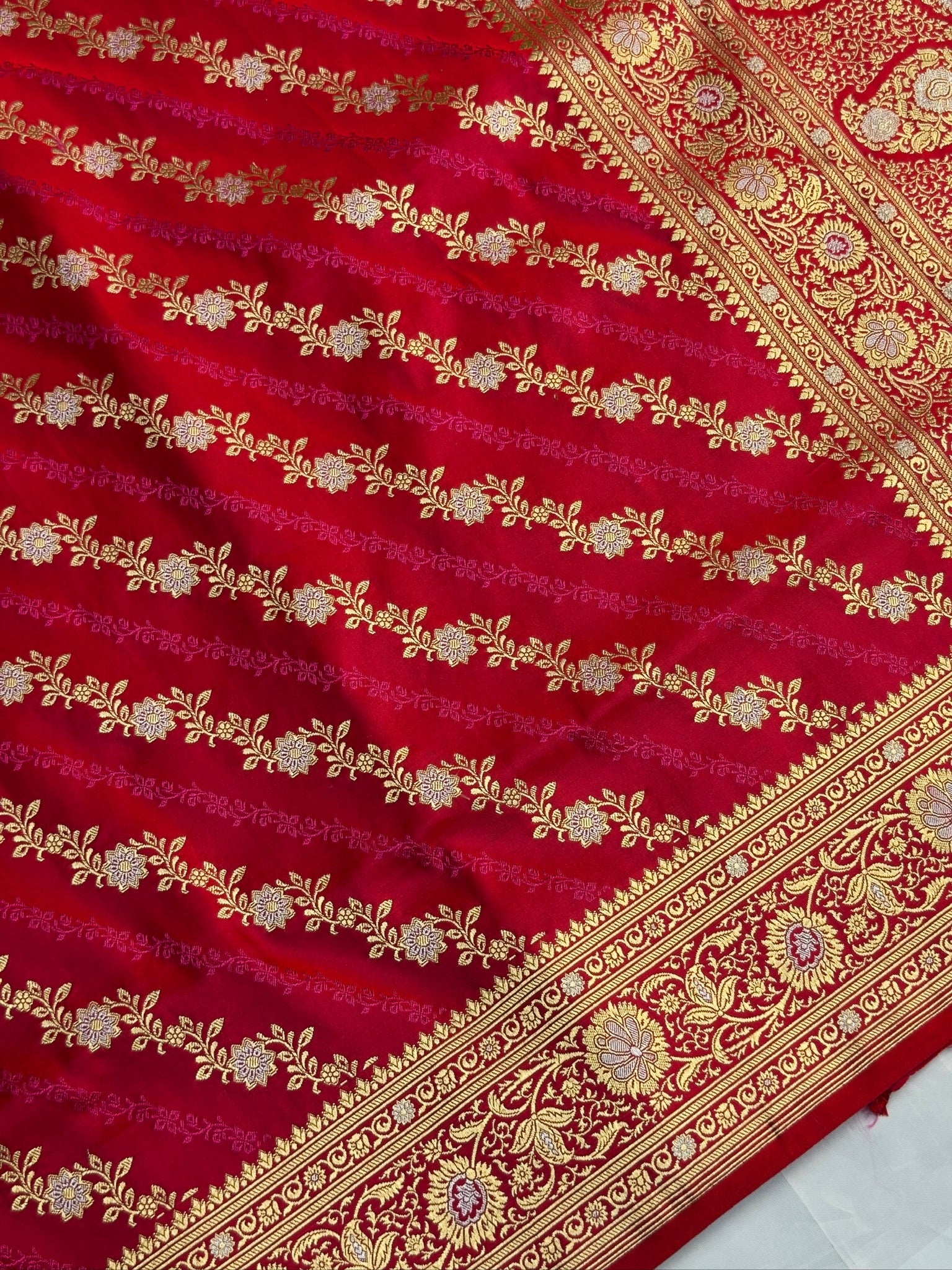 WAAH BANARAS 163B: Redish Pink Satin Mashru Silk Saree with Sona Rupa Zari Stripes, Resham Weaving &amp; Floral Border (Copy)