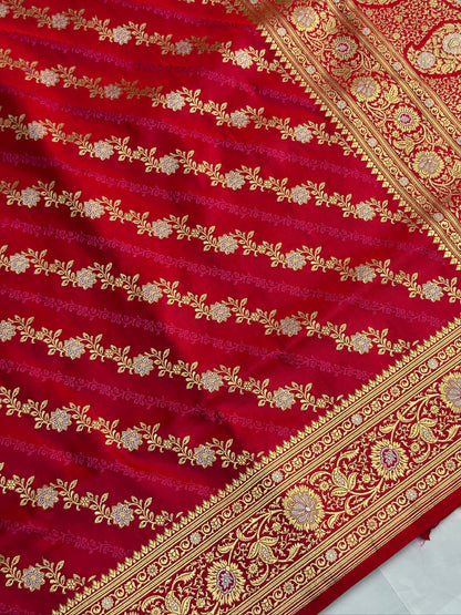 WAAH BANARAS 163B: Redish Pink Satin Mashru Silk Saree with Sona Rupa Zari Stripes, Resham Weaving &amp; Floral Border (Copy)