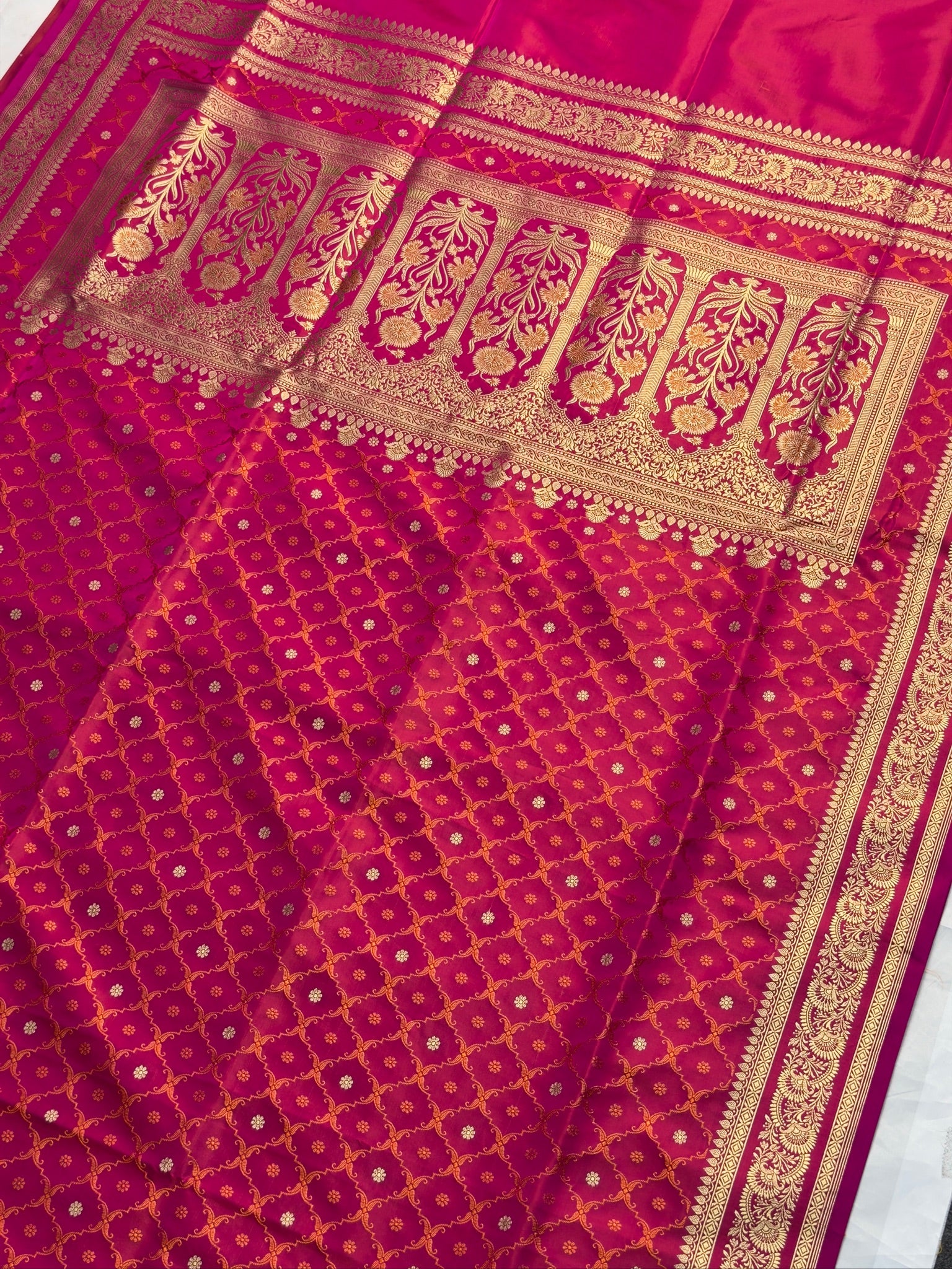 WAAH BANARAS 167A:  Dual Pink  Satin Mashru Silk Saree with Gold Zari, Resham Weaving &amp; Floral Border (Copy)