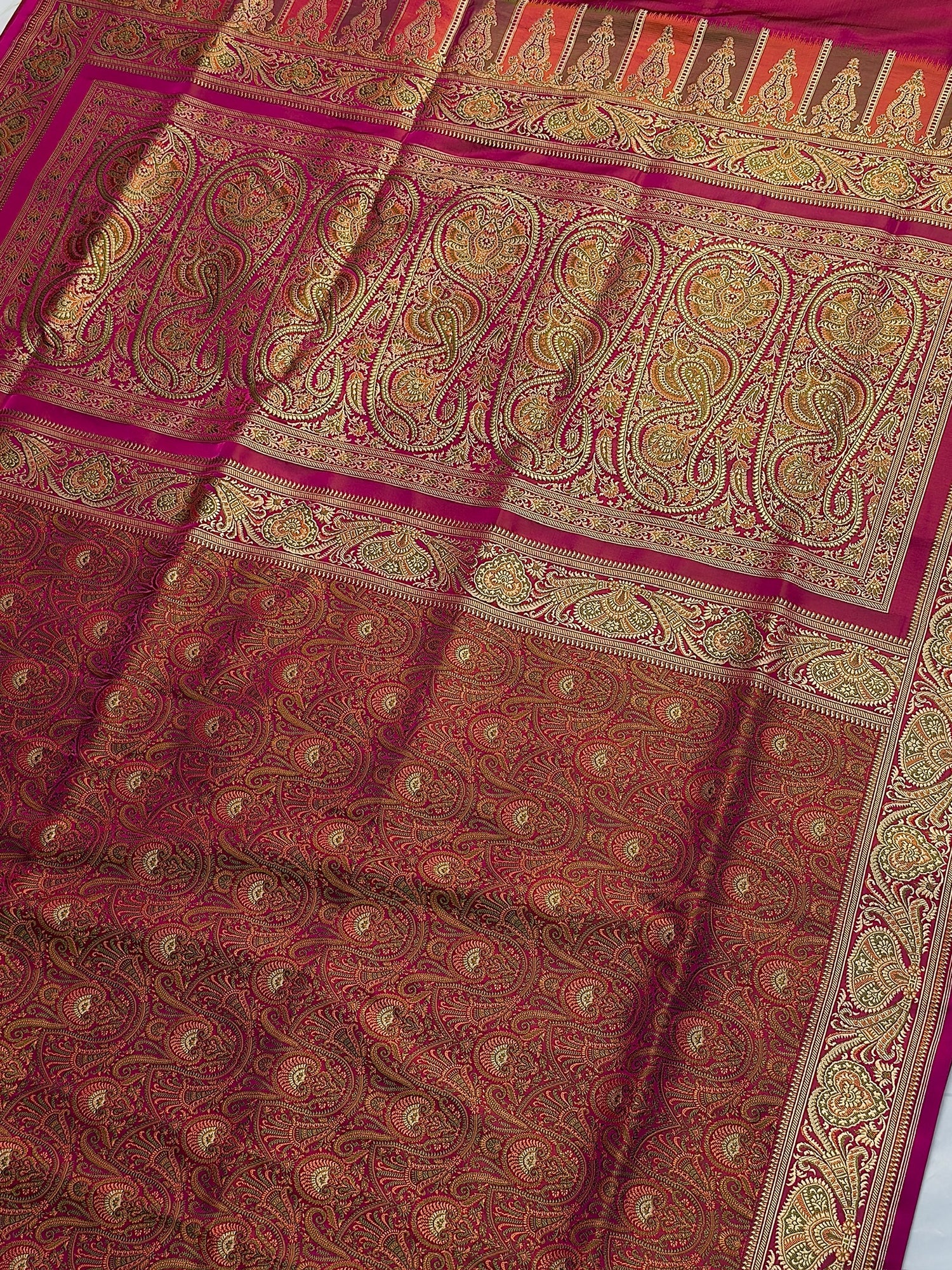 WAAH BANARAS 166A: Deep Pink Satin Tanchoi Silk Saree with Rich Zari, Resham Weaving &amp; Grand Floral Paisley Border (Copy)