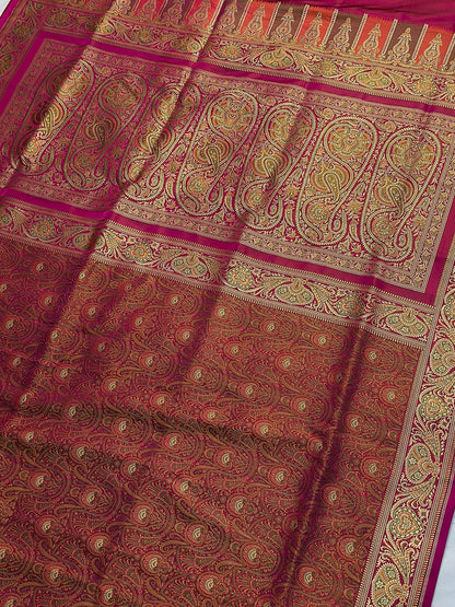 WAAH BANARAS 166A: Deep Pink Satin Tanchoi Silk Saree with Rich Zari, Resham Weaving &amp; Grand Floral Paisley Border (Copy)