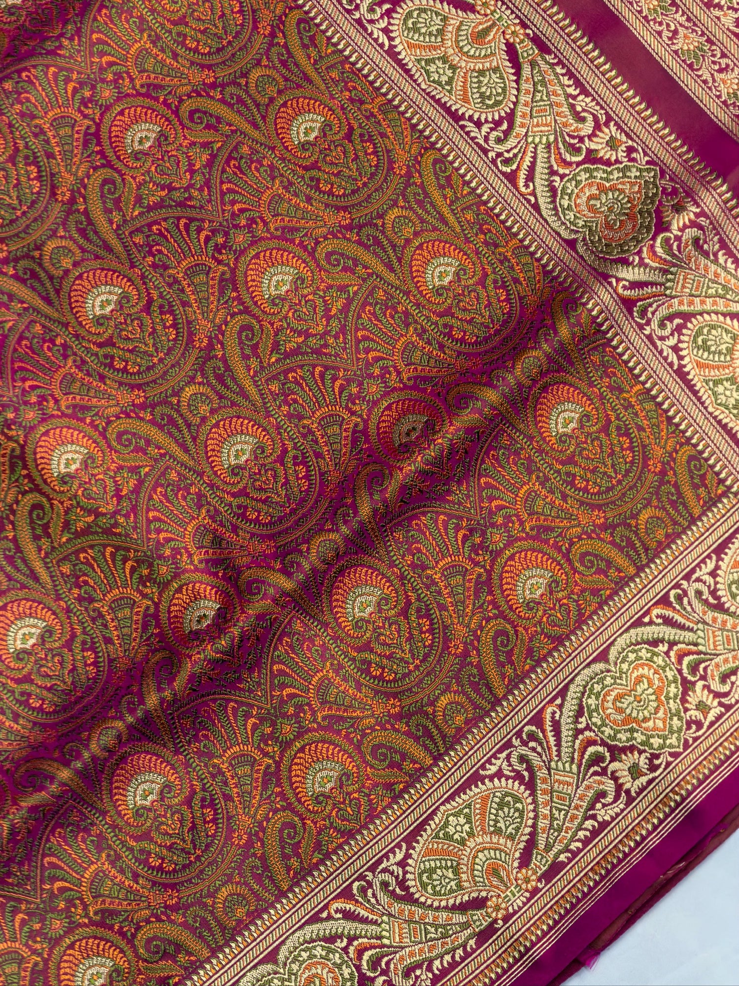 WAAH BANARAS 166A: Deep Pink Satin Tanchoi Silk Saree with Rich Zari, Resham Weaving &amp; Grand Floral Paisley Border (Copy)