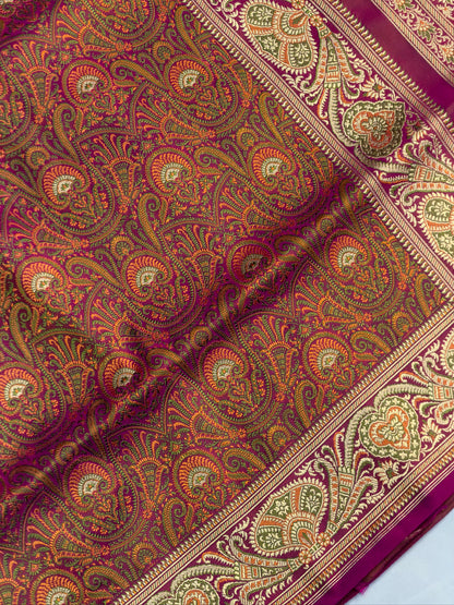 WAAH BANARAS 166A: Deep Pink Satin Tanchoi Silk Saree with Rich Zari, Resham Weaving &amp; Grand Floral Paisley Border (Copy)