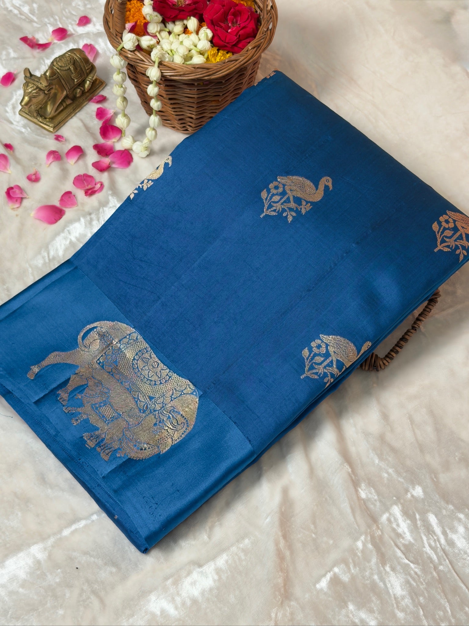 VIRASAT 369: Ochre Yellow Pure Mulberry Silk Saree with Zari Animal Motifs