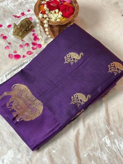 VIRASAT 369: Ochre Yellow Pure Mulberry Silk Saree with Zari Animal Motifs