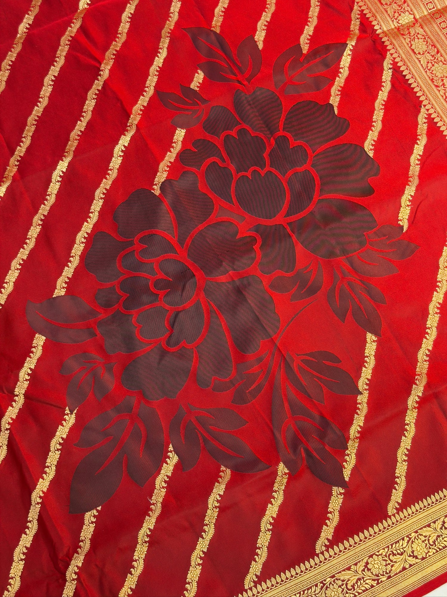 WAAH BANARAS 164: Ruby Red Satin Mashru Silk Saree with Zari Stripe Work, Resham Floral Design &amp; Grand Floral Border