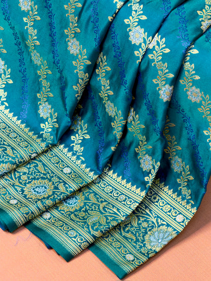 WAAH BANARAS 163A: Teal Blue Satin Mashru Silk Saree with Sona Rupa Zari Stripes, Resham Weaving &amp; Floral Border