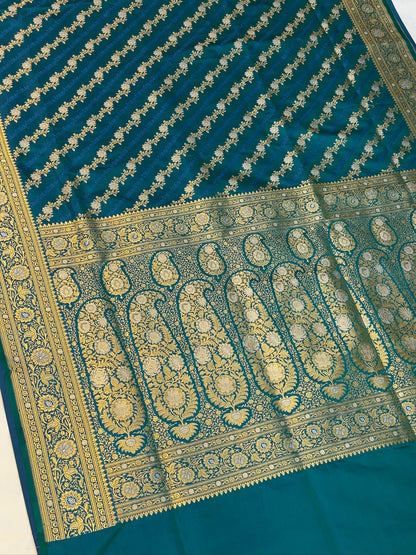 WAAH BANARAS 163A: Teal Blue Satin Mashru Silk Saree with Sona Rupa Zari Stripes, Resham Weaving &amp; Floral Border