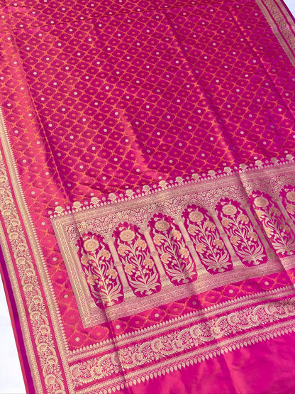 WAAH BANARAS 167: Rani Pink Satin Mashru Silk Saree with Gold Zari, Resham Weaving &amp; Floral Border