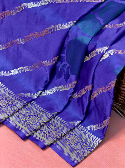 WAAH BANARAS 164A: Teal Blue Satin Mashru Silk Saree with Zari Stripe Work, Resham Floral Design &amp; Grand Floral Border