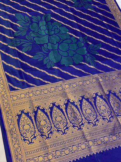 WAAH BANARAS 164A: Teal Blue Satin Mashru Silk Saree with Zari Stripe Work, Resham Floral Design &amp; Grand Floral Border