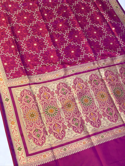 WAAH BANARAS 165A: Magenta Satin Mashru Silk Saree with Zari, Resham &amp; Meenakari Floral Border