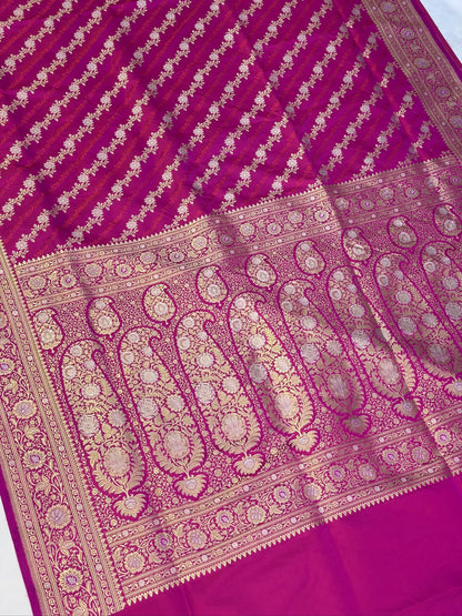 WAAH BANARAS 163: Rani Pink Satin Mashru Silk Saree with Sona Rupa Zari Stripes, Resham Weaving &amp; Floral Border