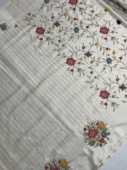 UTSAV BANARAS 394: Pearl White Raw Silk Saree with Meenakari Mandala Border &amp; Zari Stripe Detailing