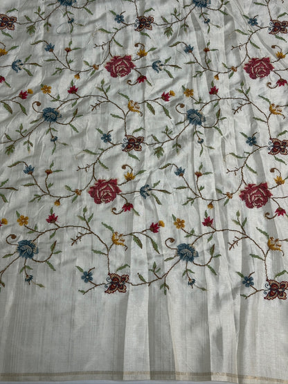 UTSAV BANARAS 394: Pearl White Raw Silk Saree with Meenakari Mandala Border &amp; Zari Stripe Detailing
