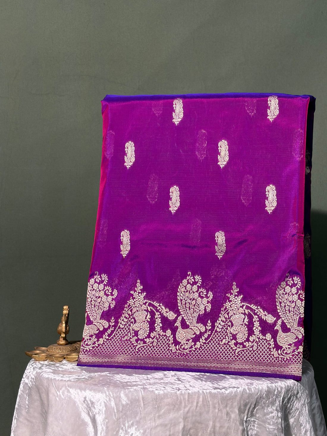 Waah Banaras 103: Stunning Dual Tone Purple Semi Katan Banarasi Saree with Sona Rupa Zari &amp; Heritage Peacock Border