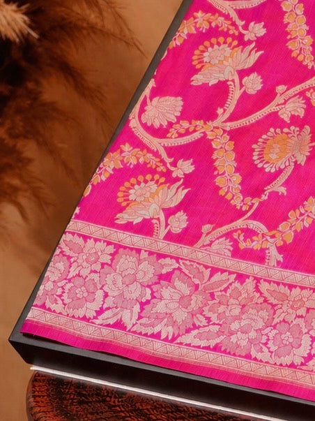 VIRASAT 426A: Pure Handloom Kadwa Katan Silk Saree Hot Pink | Silk Mark Certified | Celebrity Choice