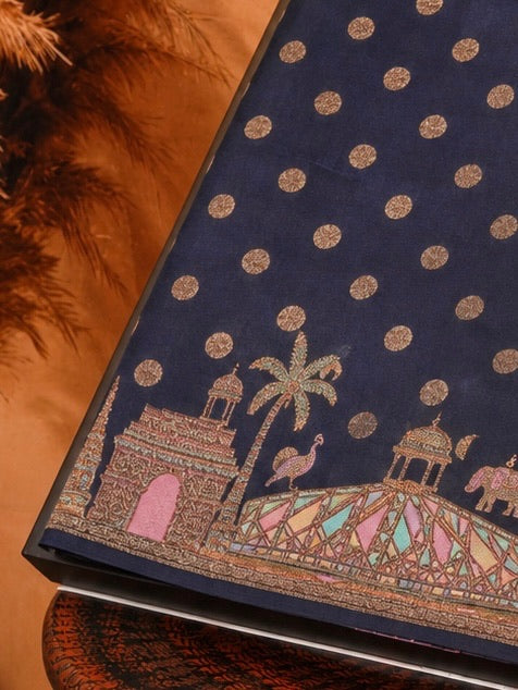 VIRASAT 429A: Deep Ink Blue Pure Silk Banarasi Saree with Heritage Ghat Border, Antique Zari Meenakari &amp; Polka Dot Weaving