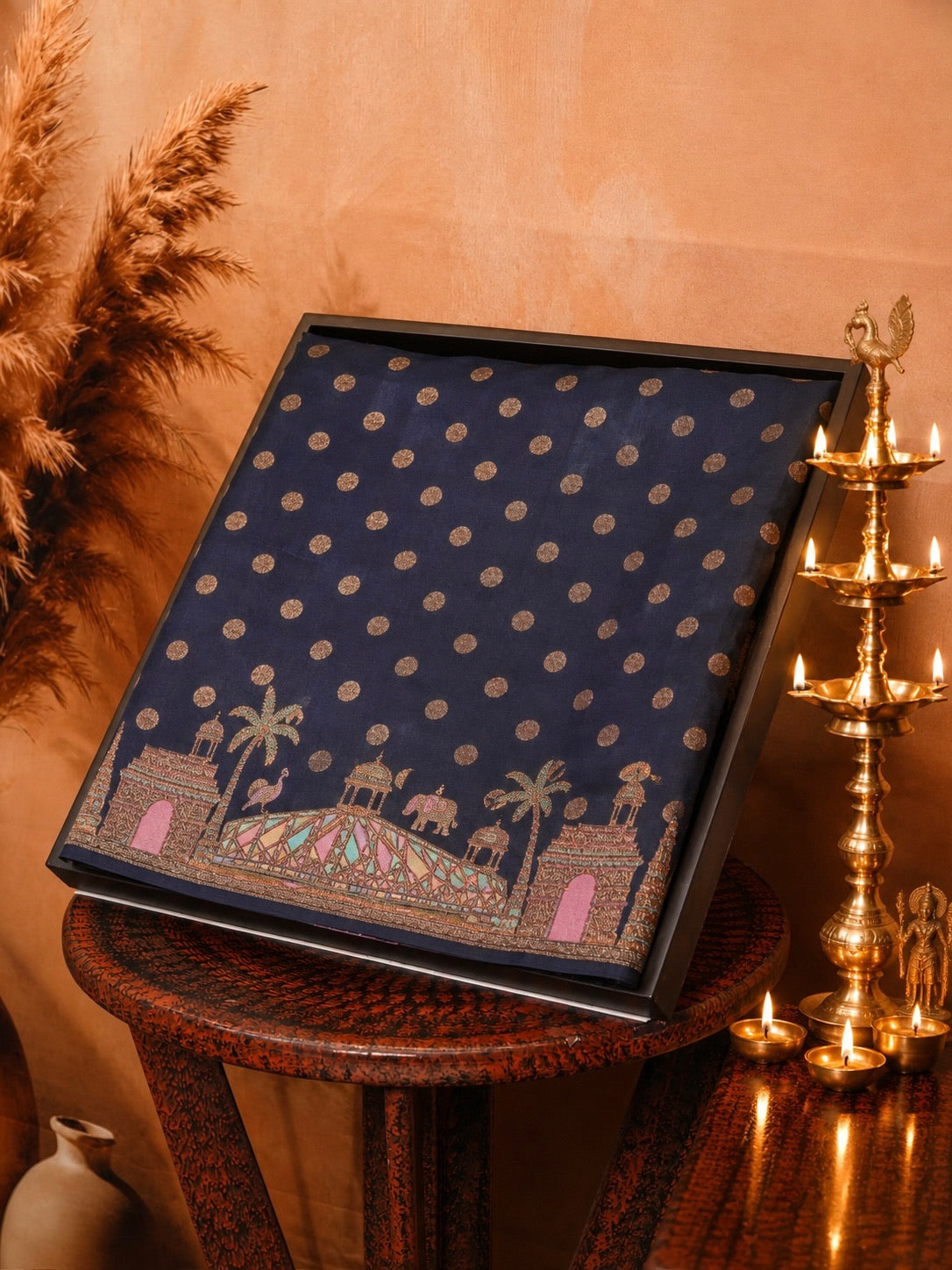 VIRASAT 429A: Deep Ink Blue Pure Silk Banarasi Saree with Heritage Ghat Border, Antique Zari Meenakari &amp; Polka Dot Weaving