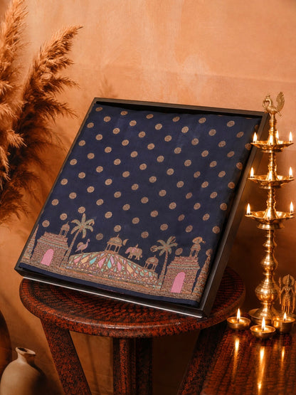 VIRASAT 429A: Deep Ink Blue Pure Silk Banarasi Saree with Heritage Ghat Border, Antique Zari Meenakari &amp; Polka Dot Weaving
